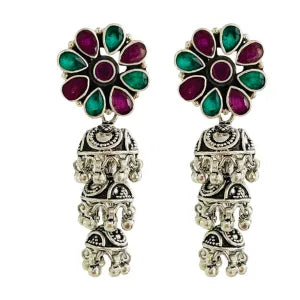 Silver Round Kundan Three Tier Jumkha Earrings