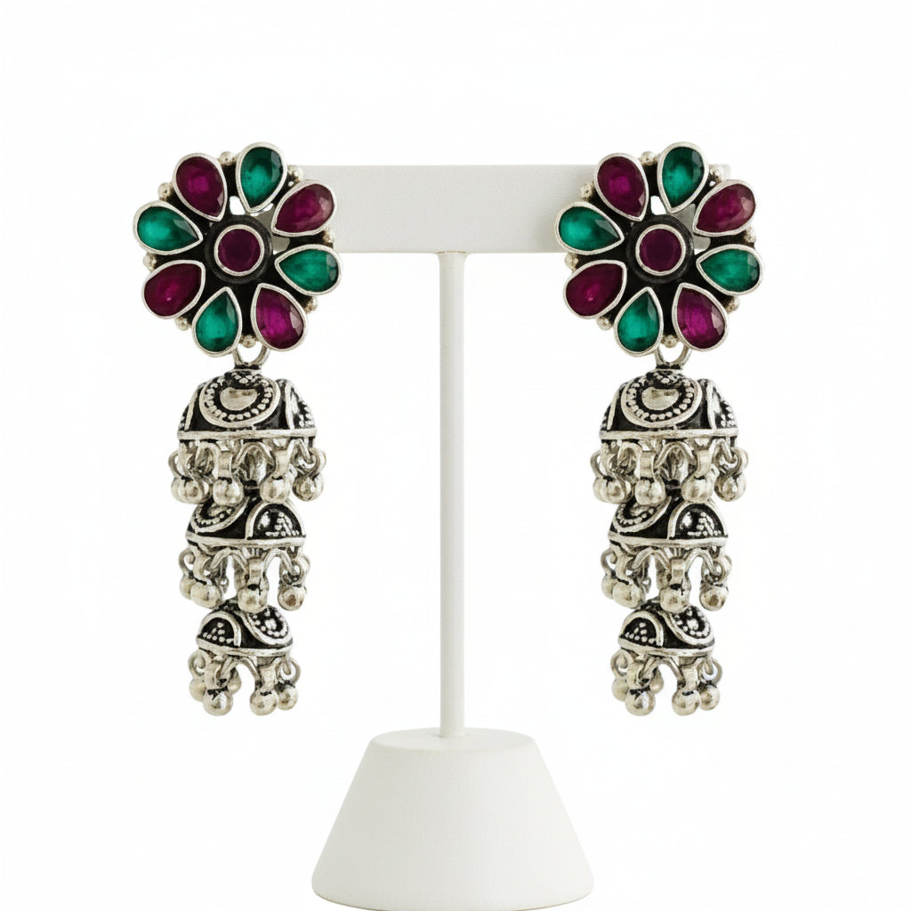 925 Silver Round Kundan Three Tier Jumkha Earrings