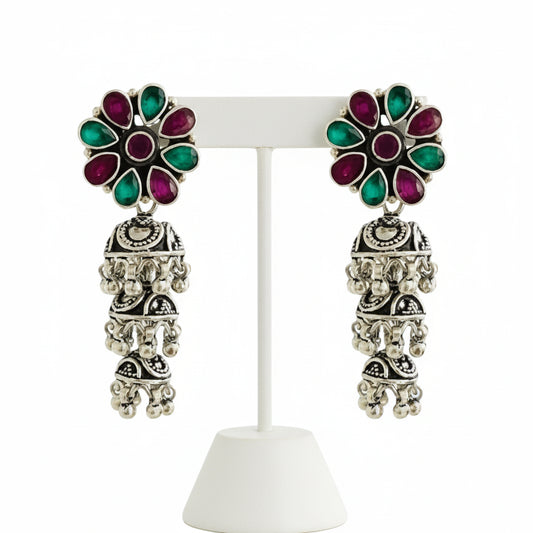 925 Silver Round Kundan Three Tier Jumkha Earrings