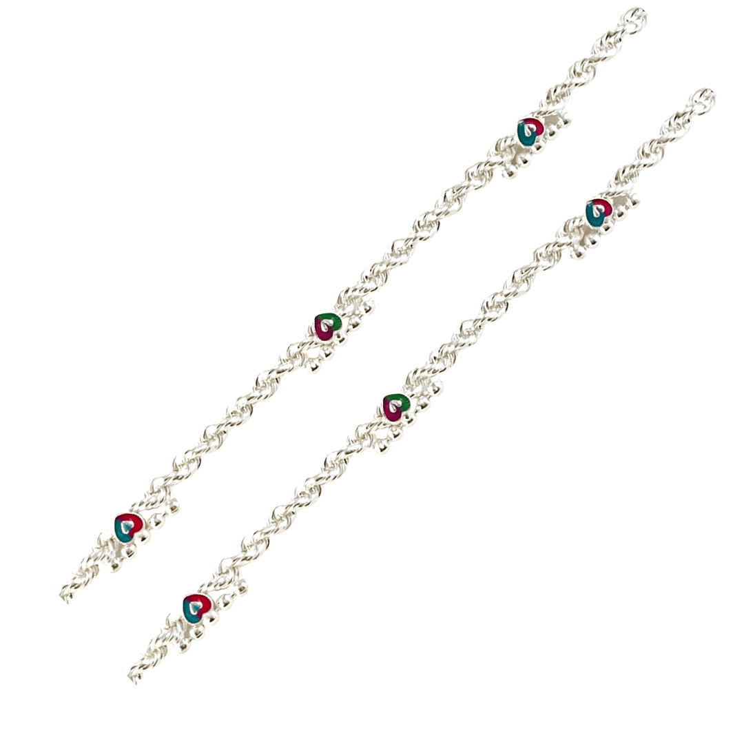 Silver Twisted Chain Enamel Heart Anklet-10 Inches