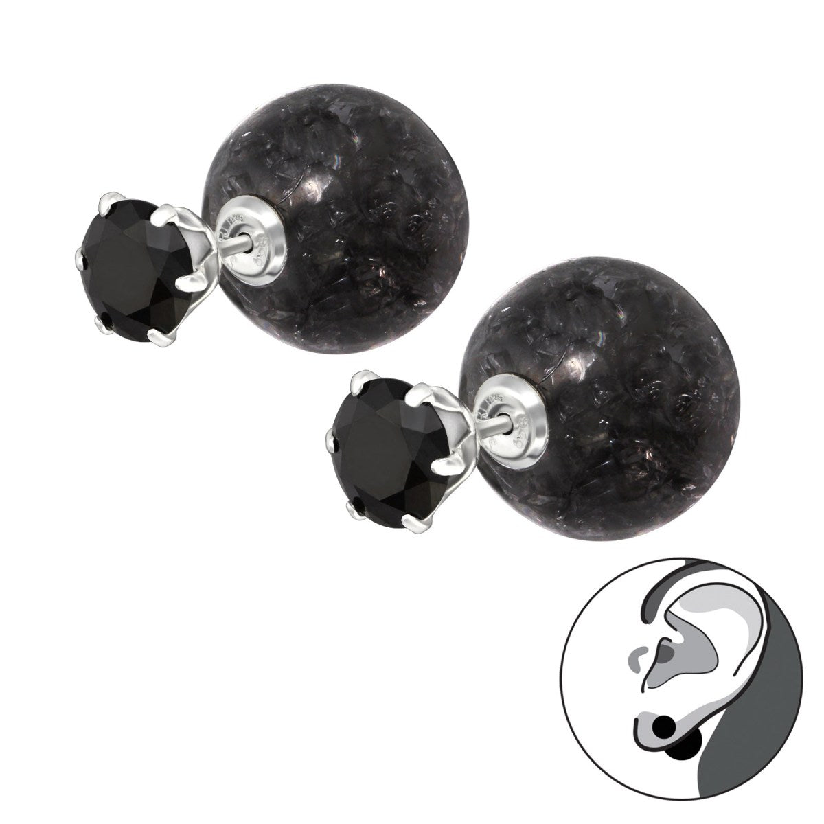Silver Round Black Cracked Bead Double Earrings