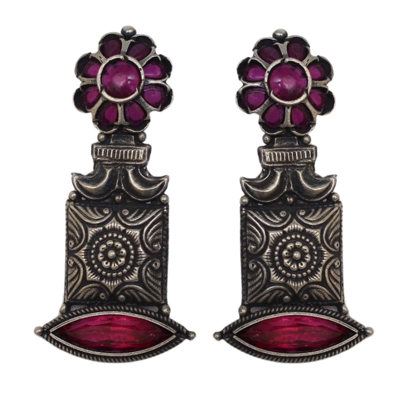 Oxidized 925 Silver Floral Earrings