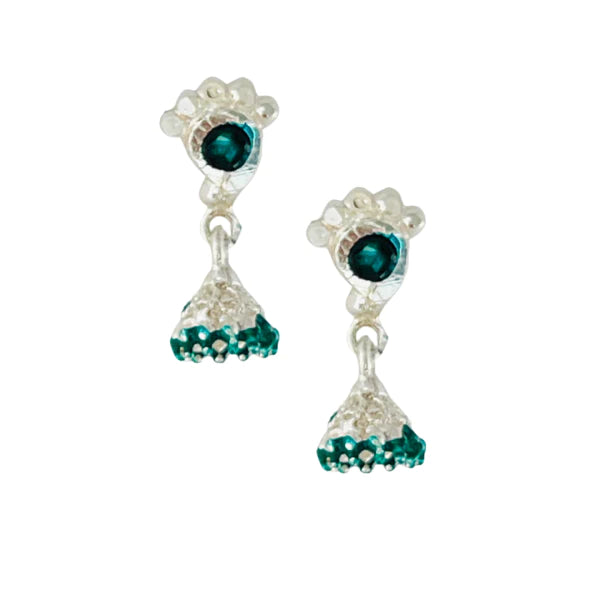 Silver Screw Back Tiny Jumkha Earrings - Dark Green
