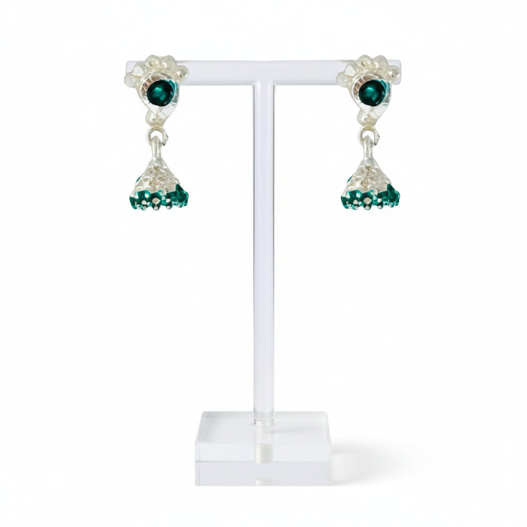Silver Screw Back Tiny Jumkha Earrings - Dark Green