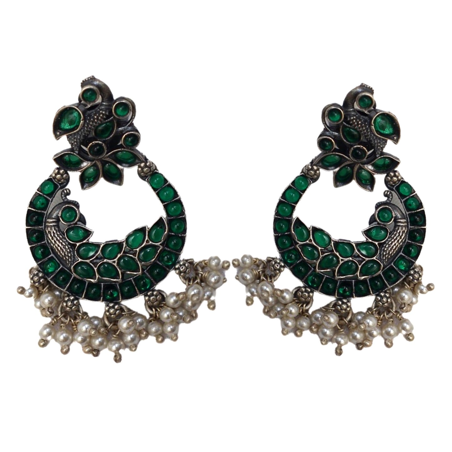 Oxidized Silver Chandbali Pearl Drop Earrings