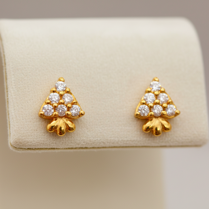 18KT Gold White Stone Triangular Stud Earrings