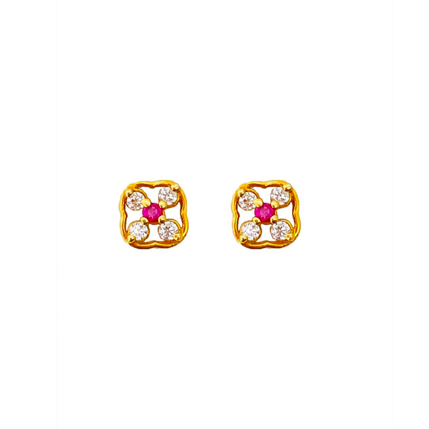18KT Gold Pink-White Square Stone Stud Earrings.