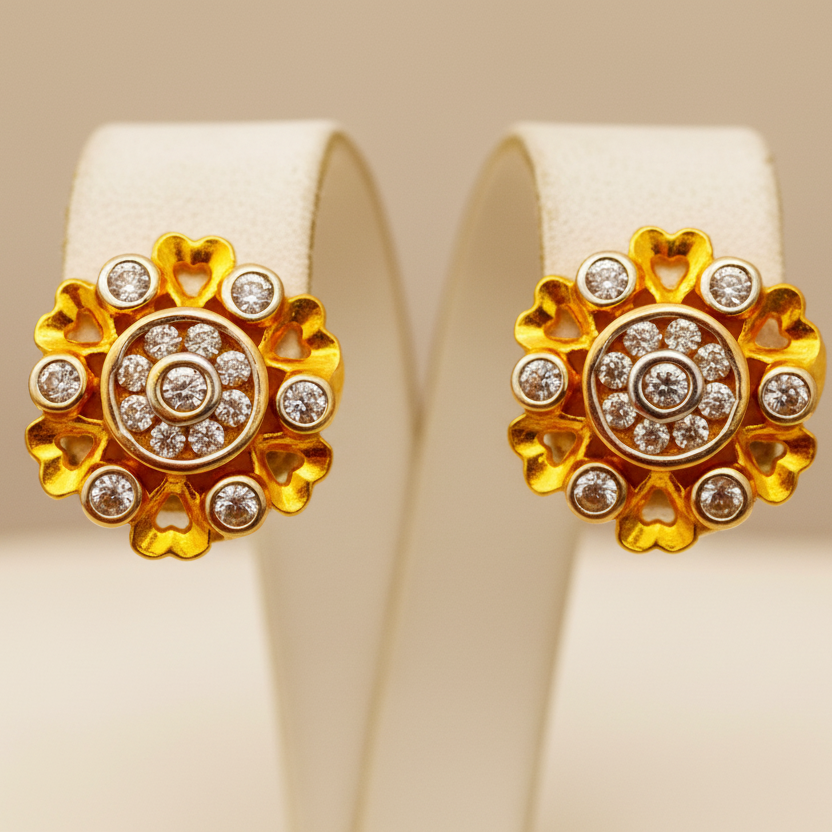 22KT Gold White Stone Flower Earrings.