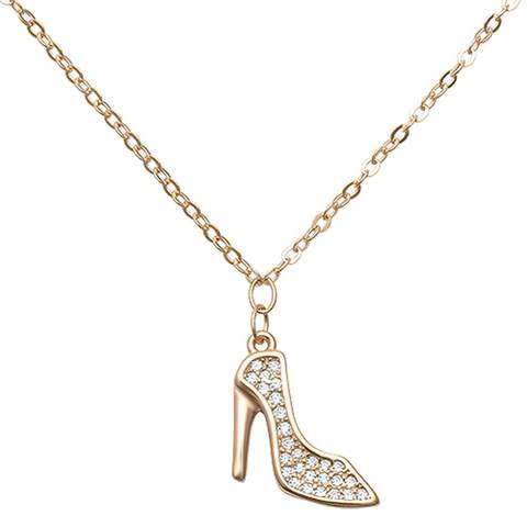 Trendy High Heel Yellow Gold Plated Cubic Zirconia .925 Sterling Silver Pendant Necklace 16"