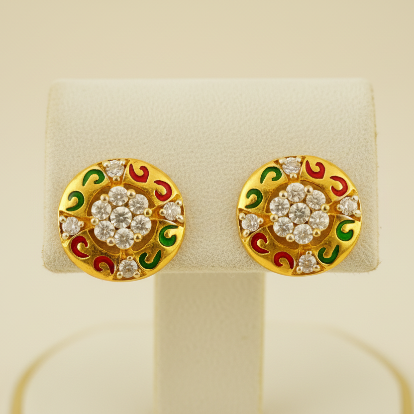 22KT Gold Circular Swirl White Stone Earrings