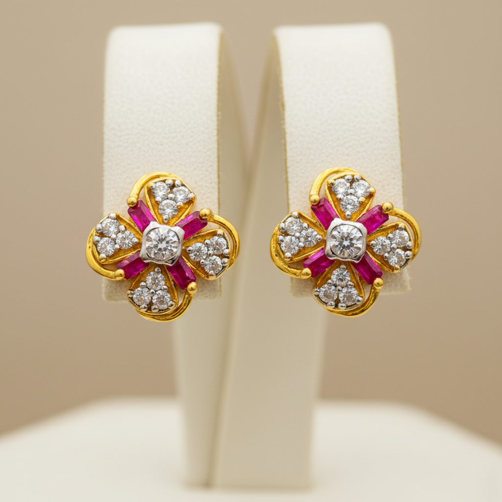 22KT Gold White-Pink Stone Flower Stud Earrings