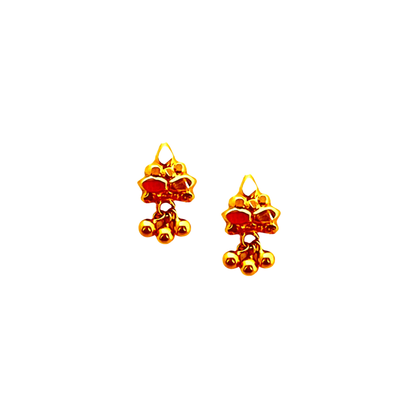 18KT Gold Triangular Pattern Three Cluster Ball Drop Earrings