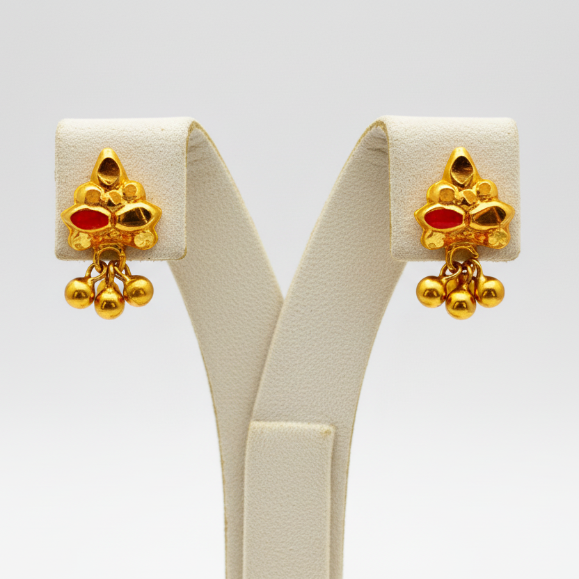 18KT Gold Triangular Pattern Three Cluster Ball Drop Earrings