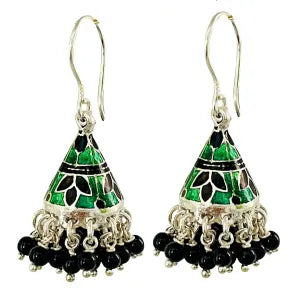 Silver Black Bead Meenakari Cone Jumkha