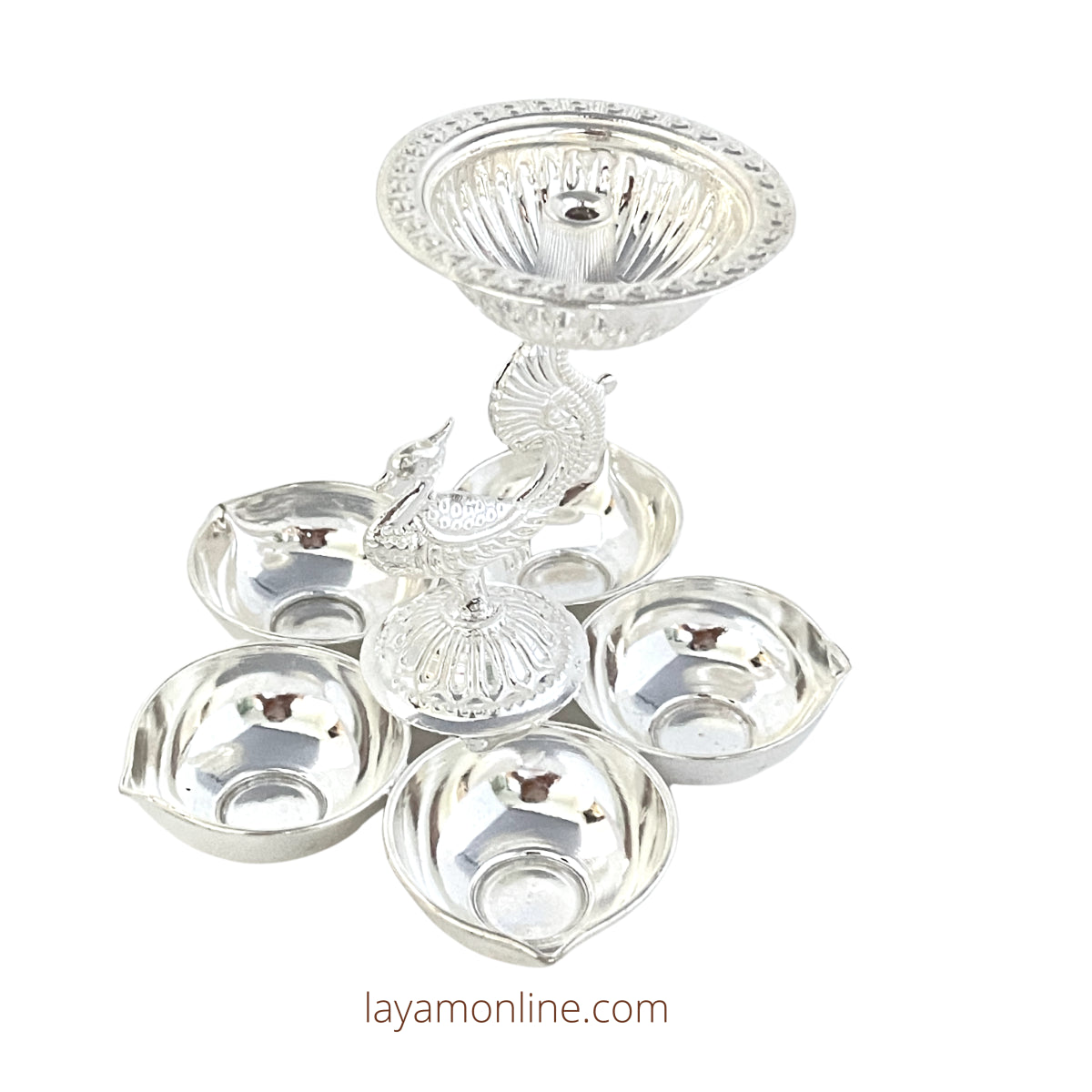 Silver Panchamukhi Peacock with Centre Deepam Deepam 3.4 Inches