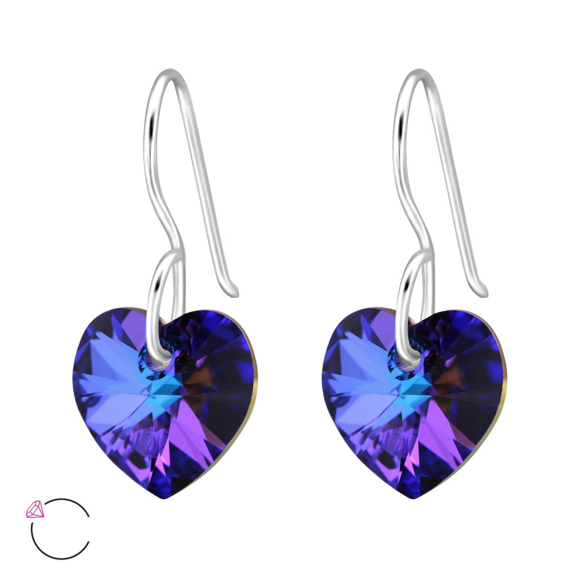 Silver Crystal Heart Hoop Earrings