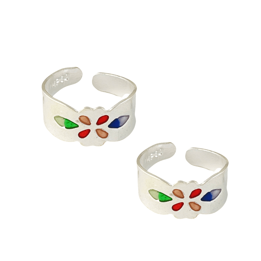 Silver Multi Color Enamel Flower Toe rings