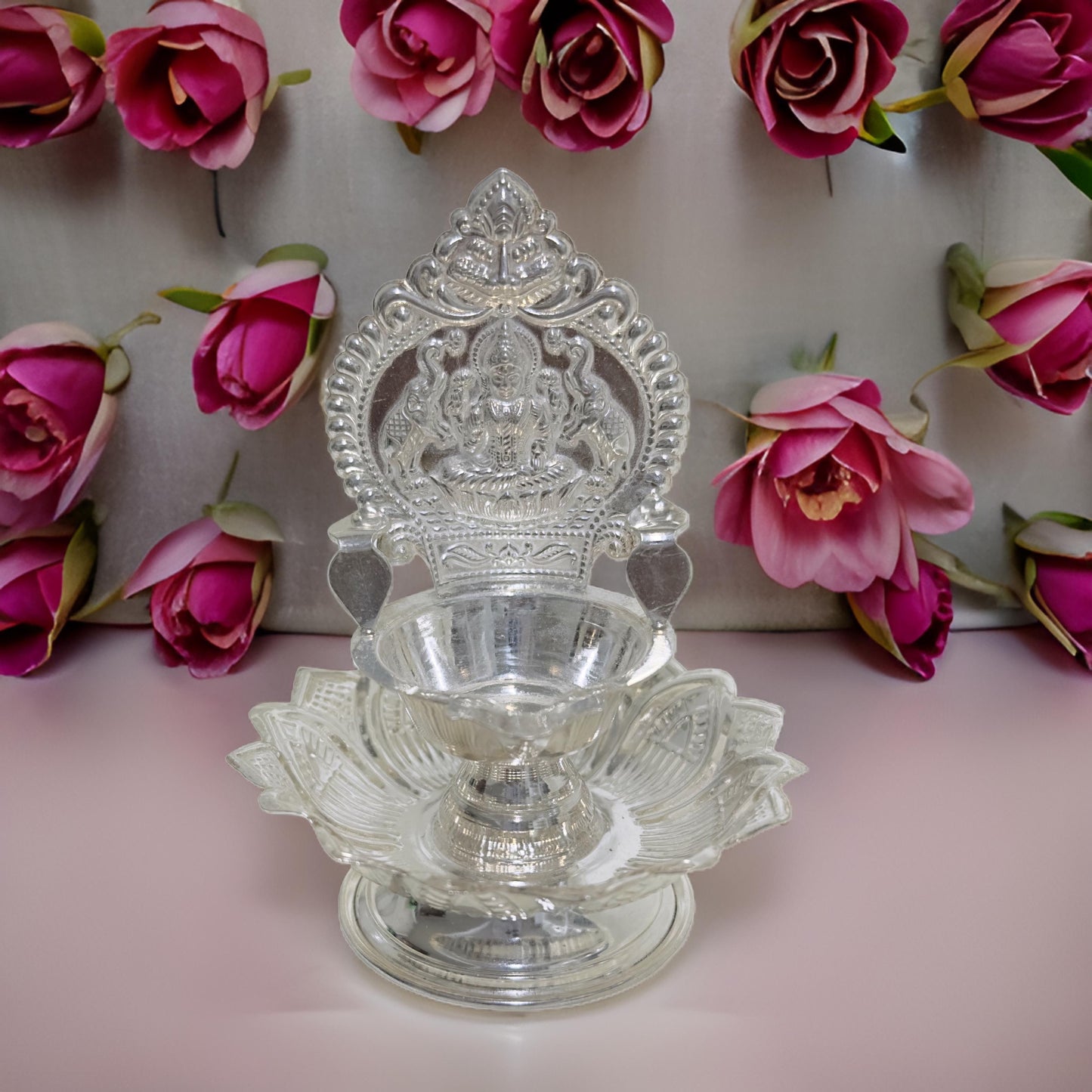 Silver Lotus Base Lakshmi Deepam 4.25 Inches