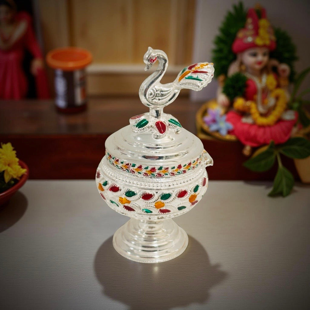 Silver Peacock Enamel KumKum Box