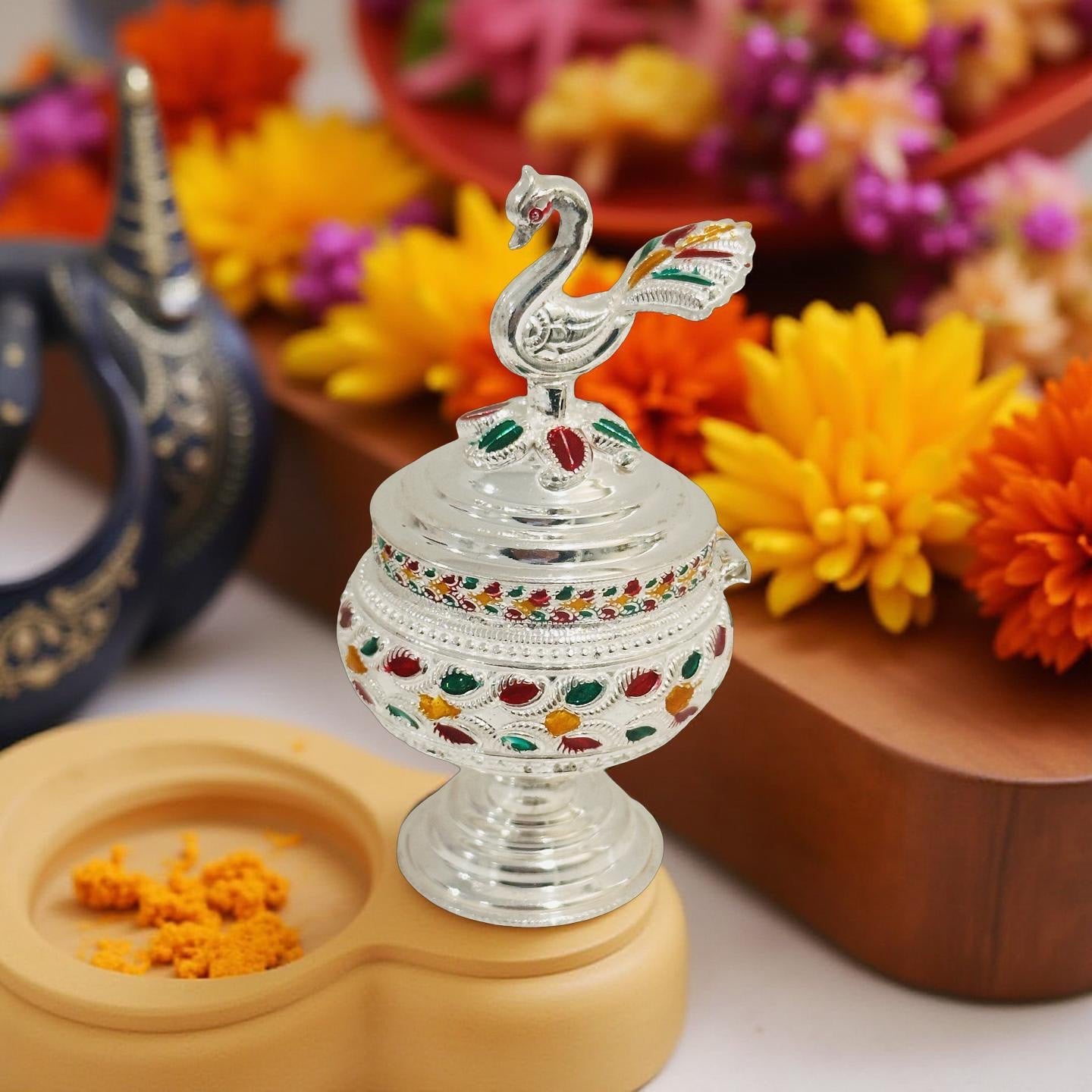 Silver Peacock Enamel KumKum Box