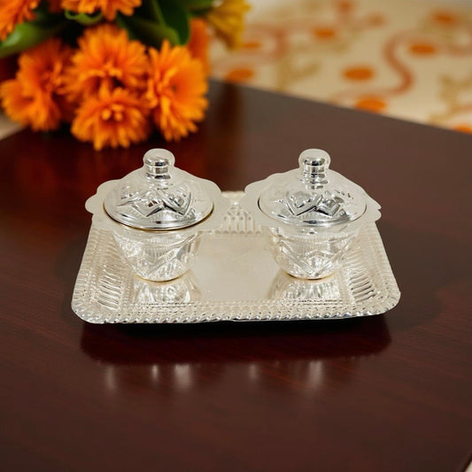 Silver Haldi Kumkum Plate Set with Lid