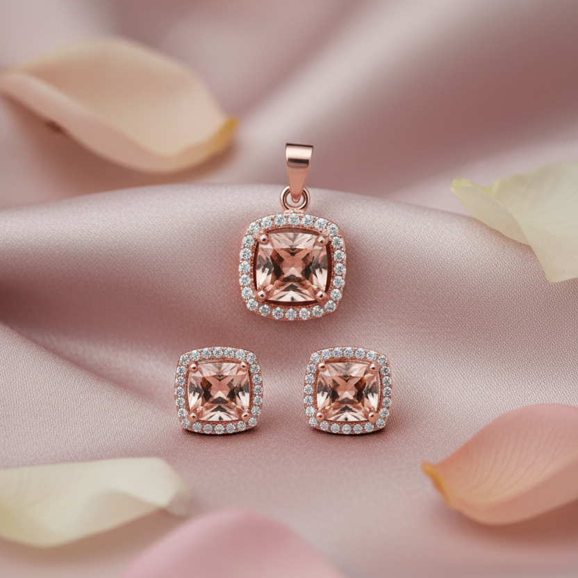 Princess Cut Morganite & CZ Sterling Silver Earrings & Pendant Set