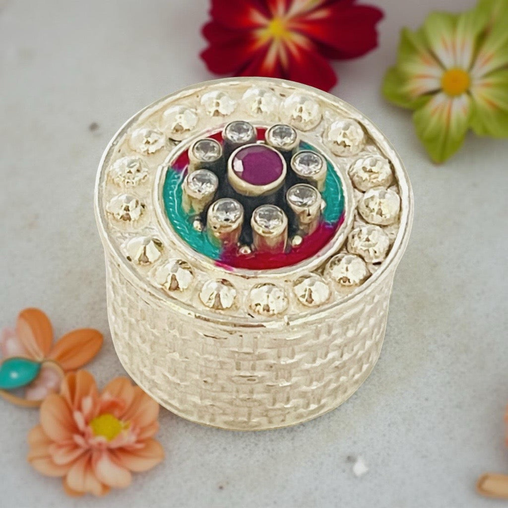 Silver Stone Work Round KumKum box