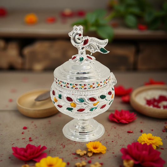 Silver Peacock Enamel Sindoor Dabbi