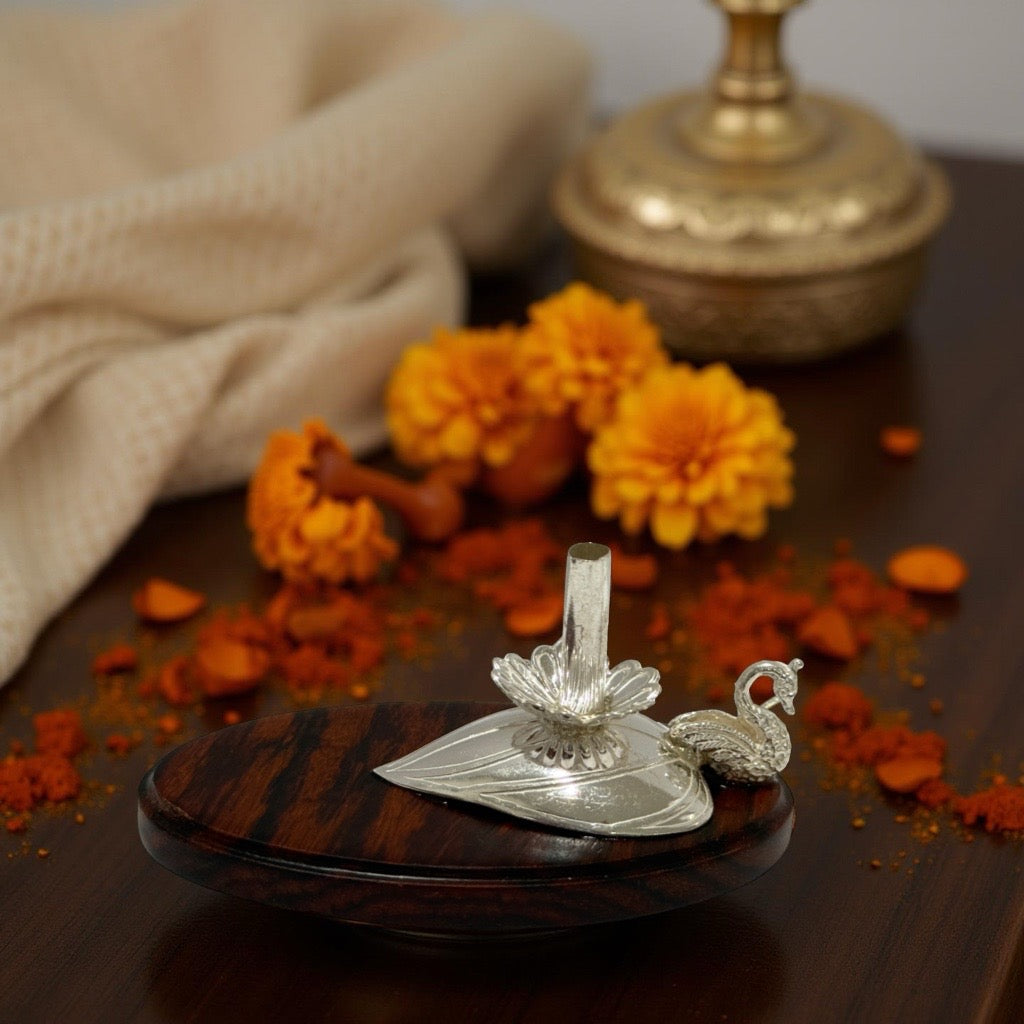 925 Silver Peacock Wodden Agarbathi Holder
