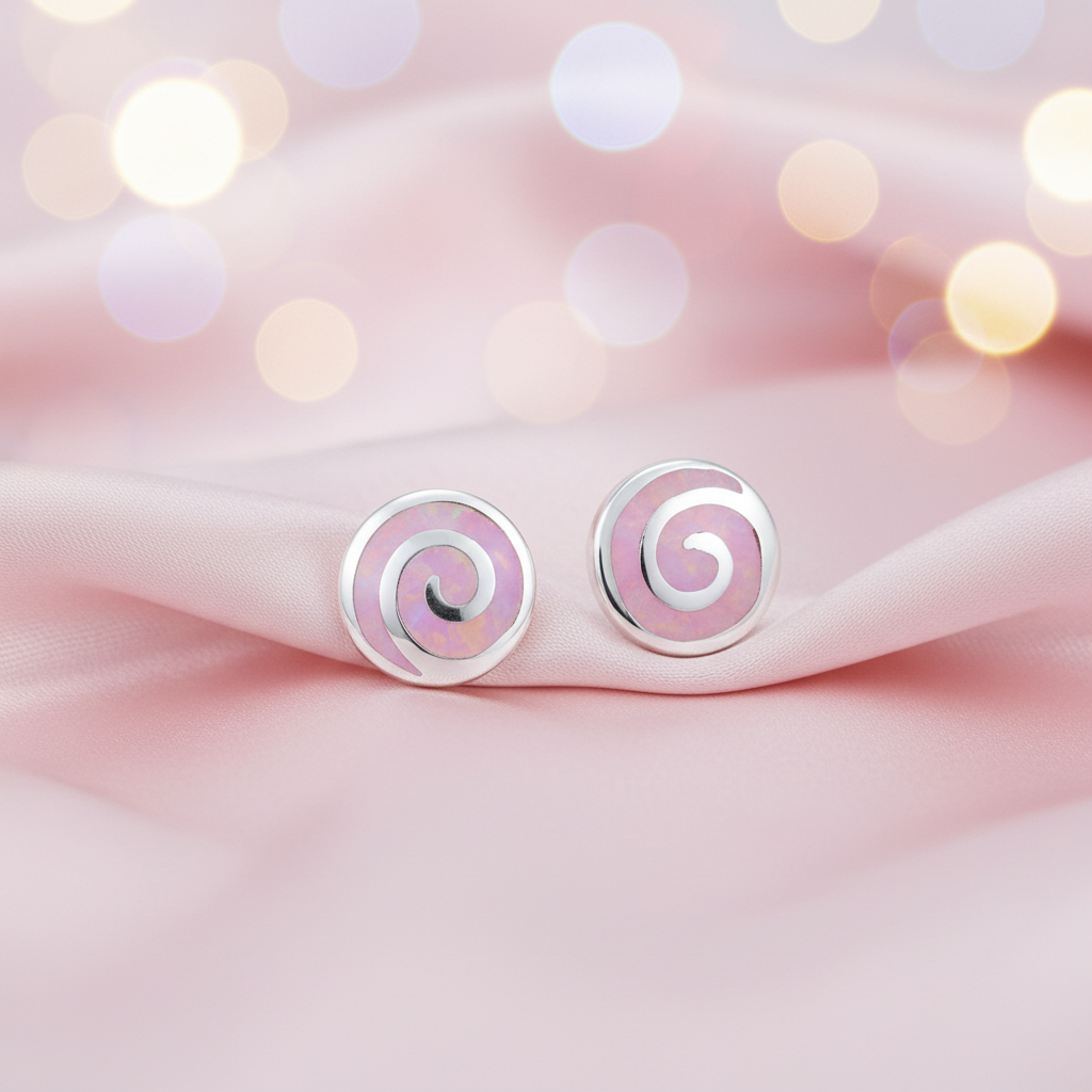 Round Pink Opal Swirl .925 Sterling Silver Earrings