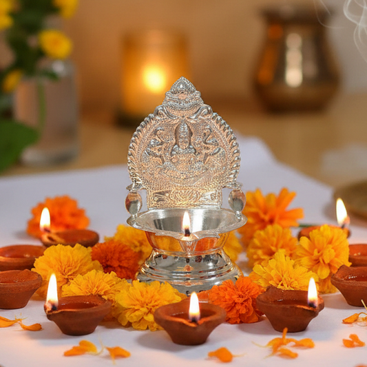 925 Silver Gajalakshmi-Kamakshi Deepam 4.25 Inches