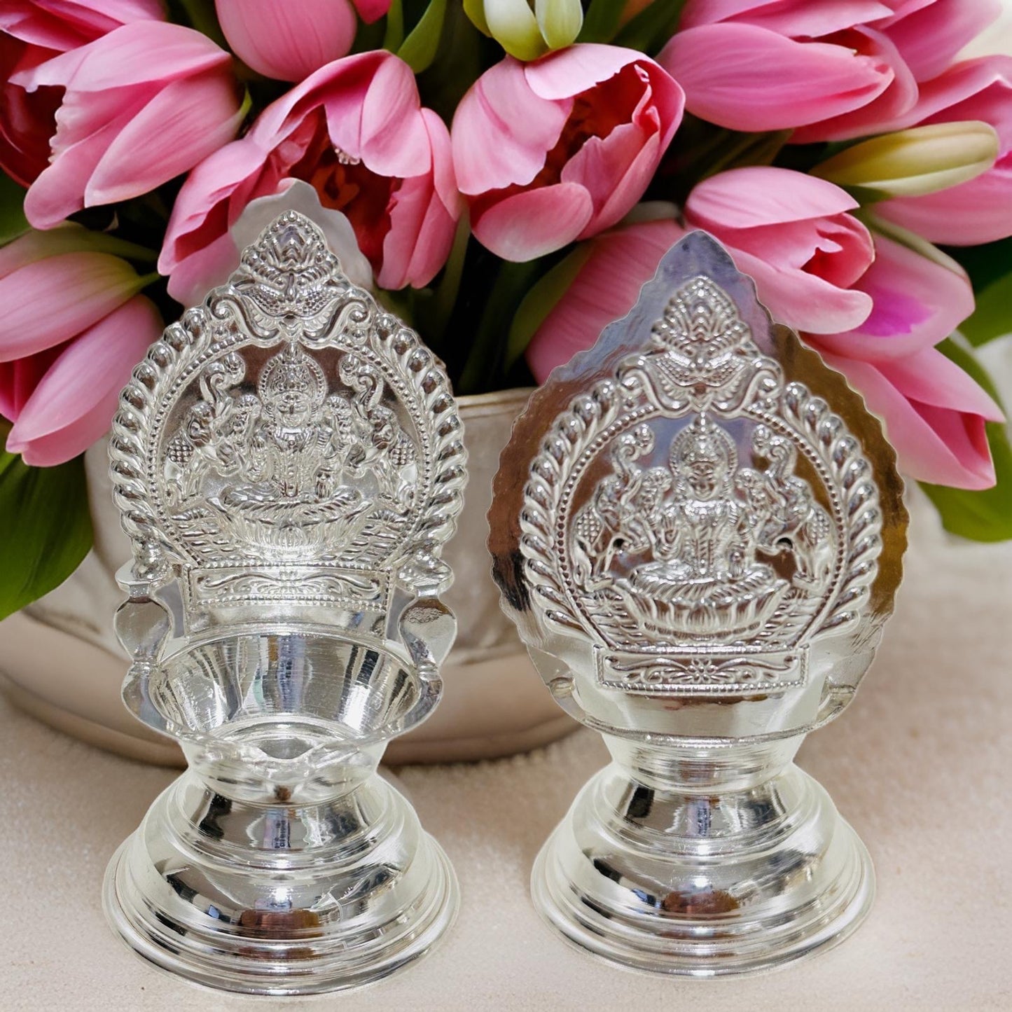 Silver Double Sided Gajalakshmi Kamakshi Deepam 3.5 Inches