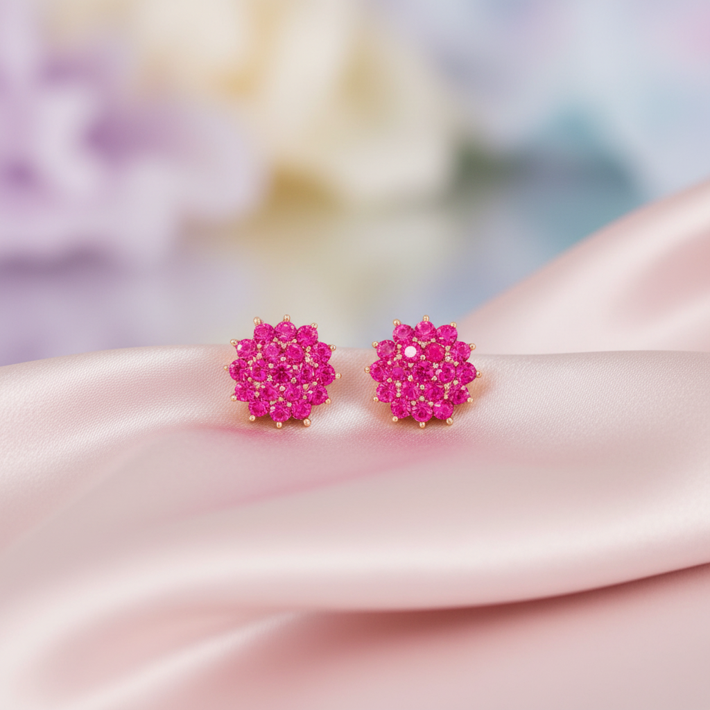 Silver Pink CZ Screw Back Earrings