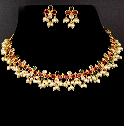 22KT Gold stone-Pearl Necklace and Earrings Set