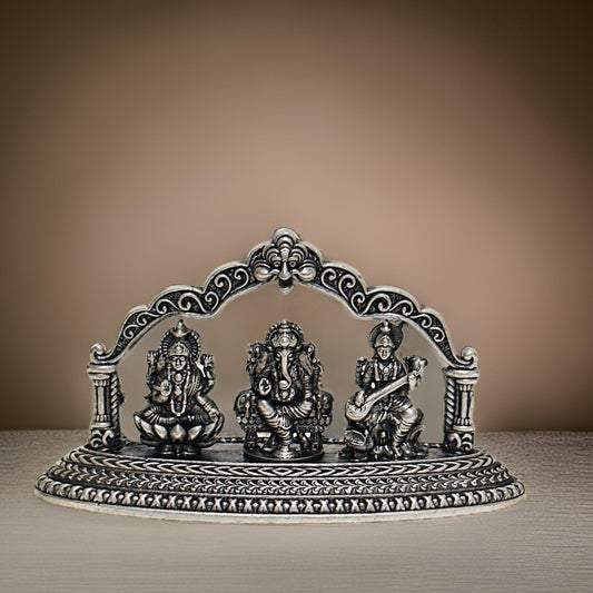 925 Antique Silver Lakshmi-Ganesh-Saraswathi Idol-1.4 Inches
