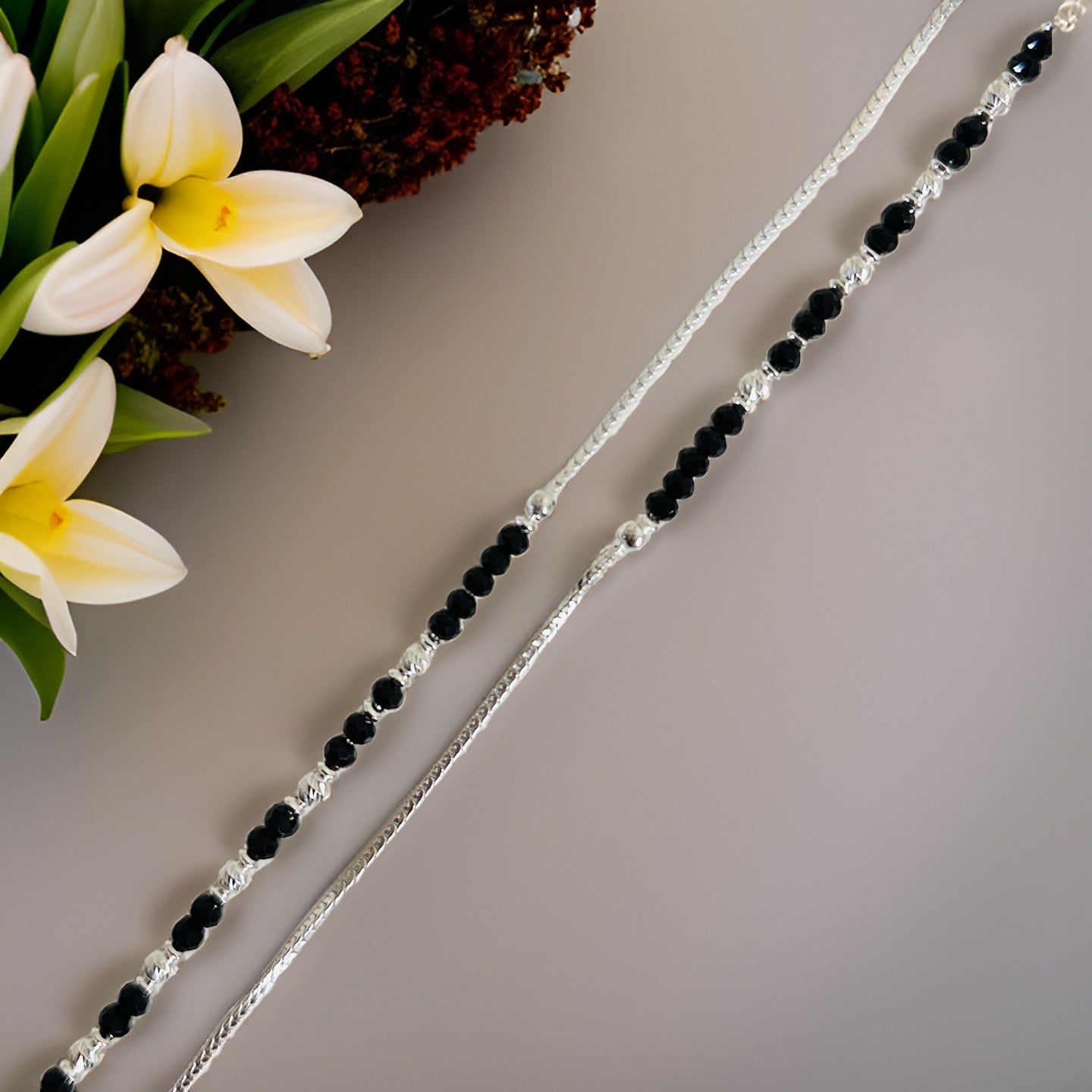 925 Silver ava Black Bead Adjustable Nazria Anklet 10+1.5 inches