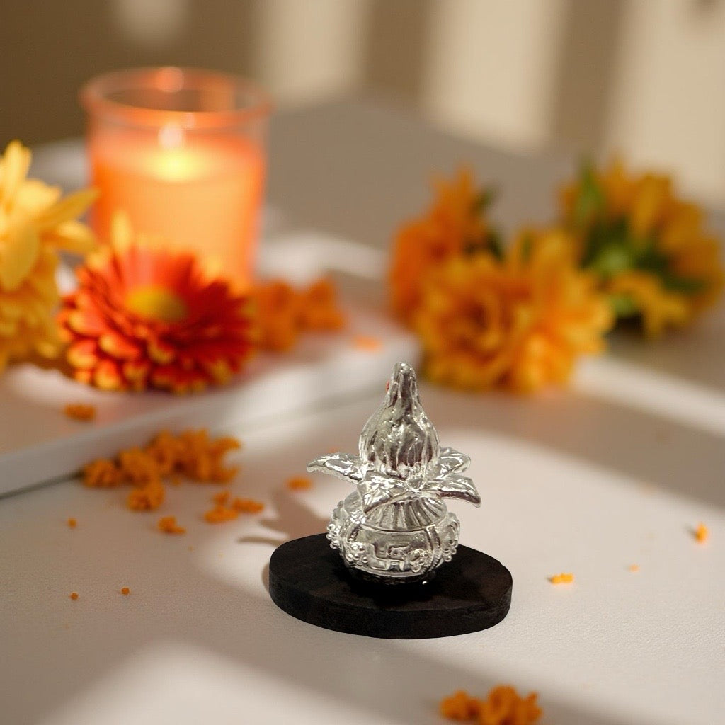 925 Silver Wooden Base Coconut Kalash - 1.3 inches