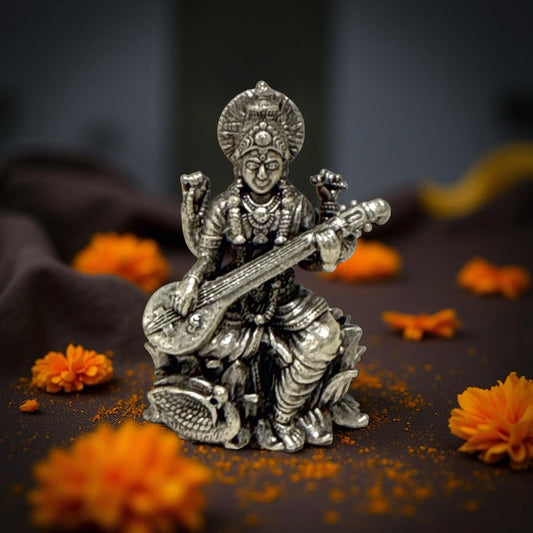 925 Silver Antique Saraswati 3D Idol- 1.3 inches