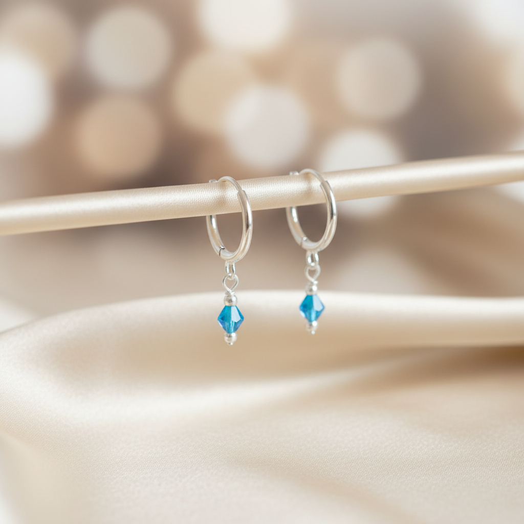 Silver Ear Hoop with Hanging Teal Crystals-