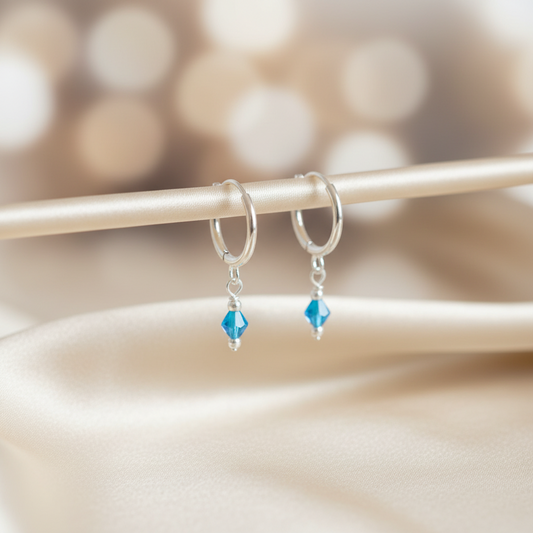 Silver Ear Hoop with Hanging Teal Crystals-