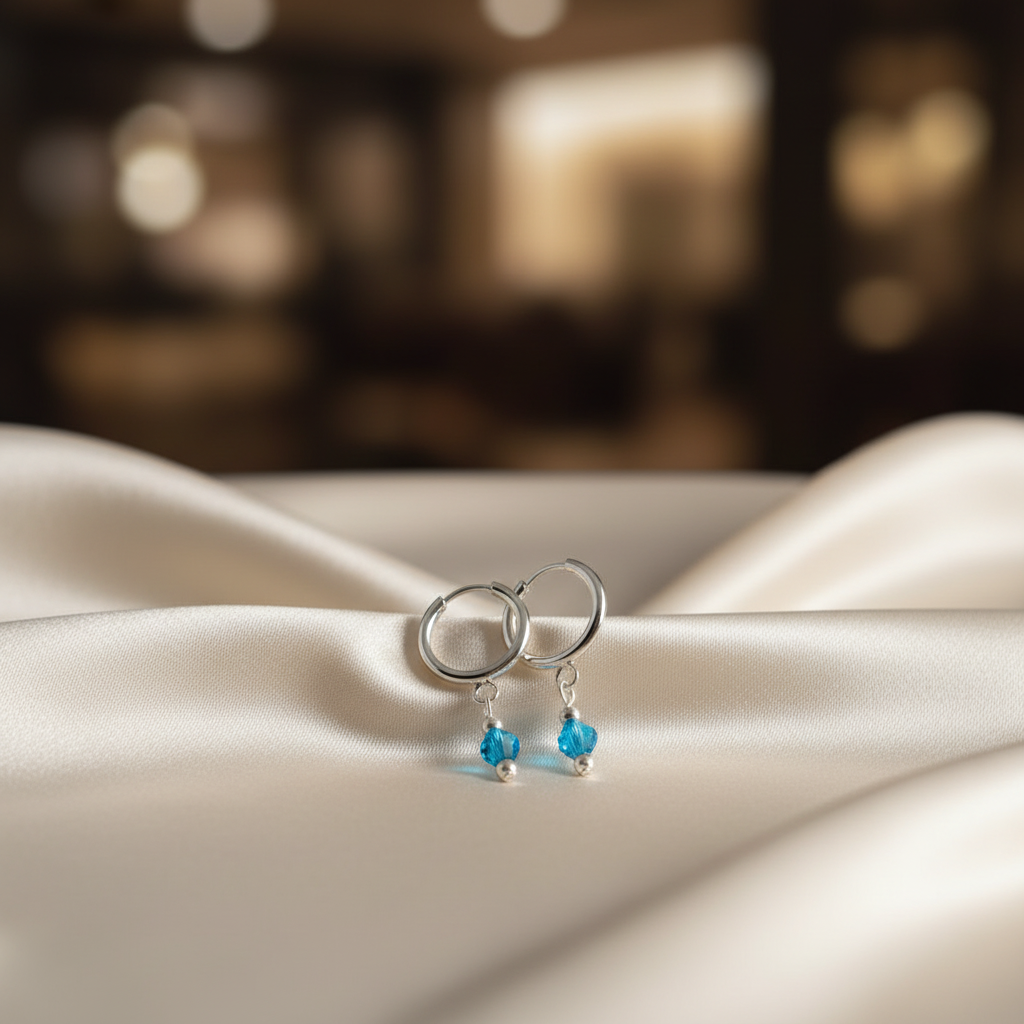 Silver Ear Hoop with Hanging Teal Crystals-