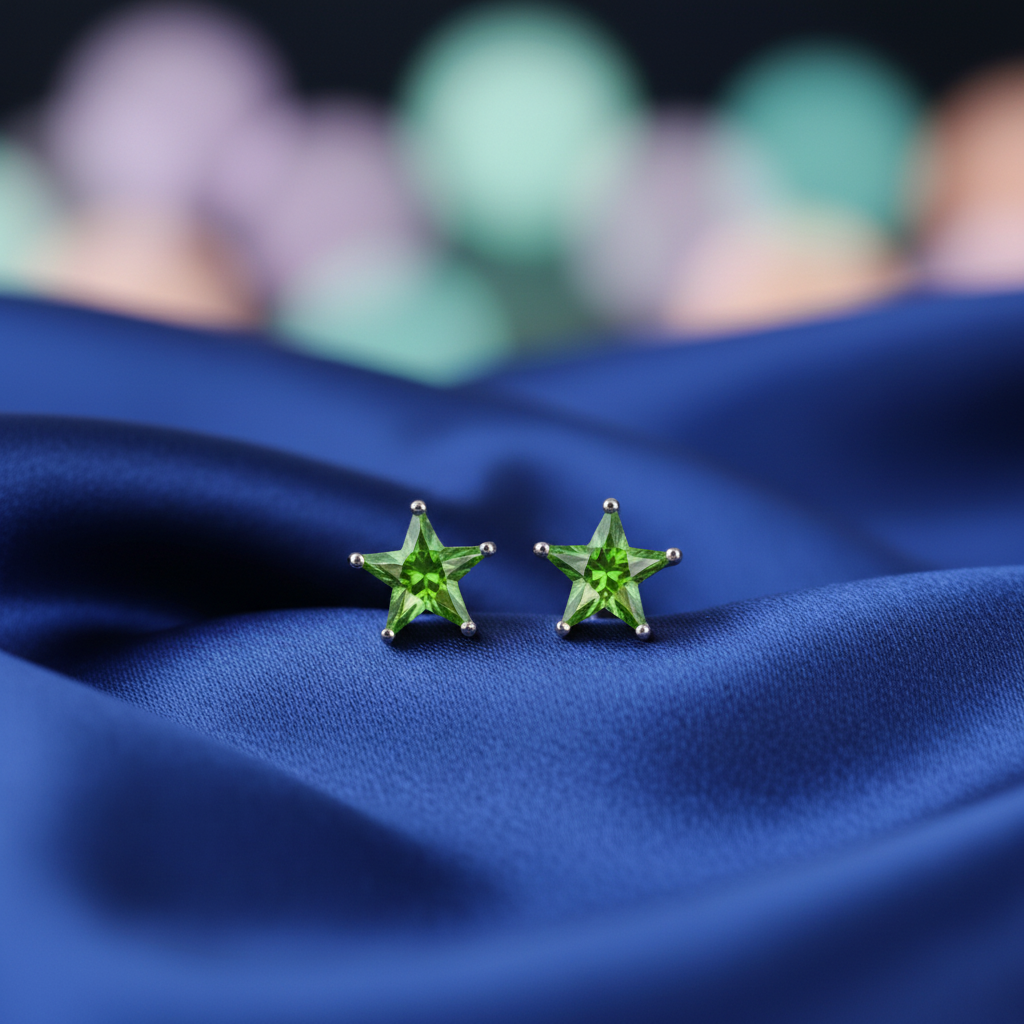 Silver Green Star Screw Back Earrings