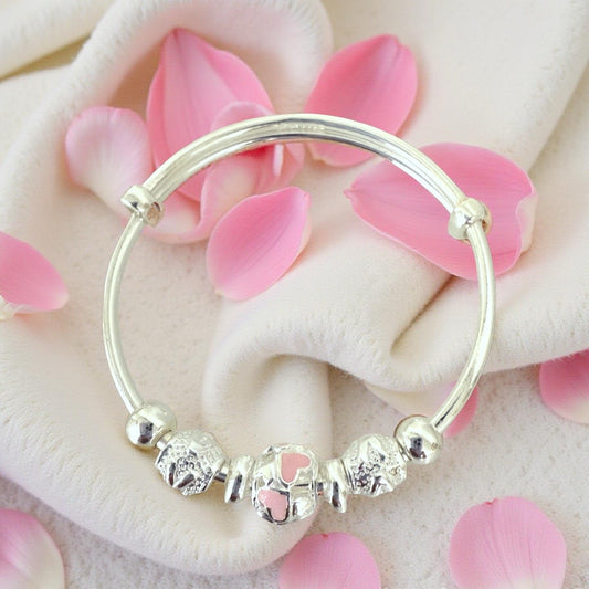 999 Pure Silver Pink Roller Charm Adjustable Baby Bracelet