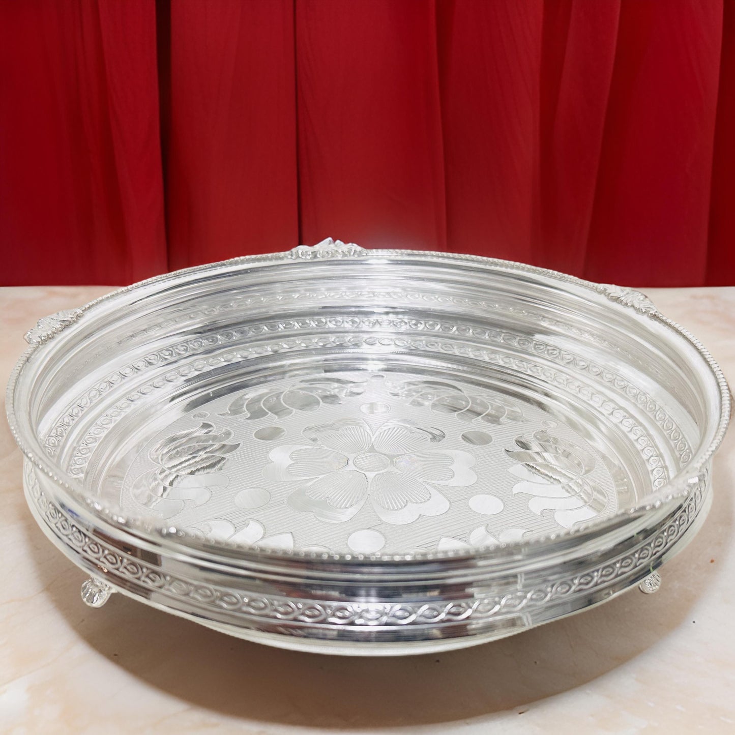 925 Silver Engraved Nakash Pooja Urli-Thali Plate 9.4 Inches