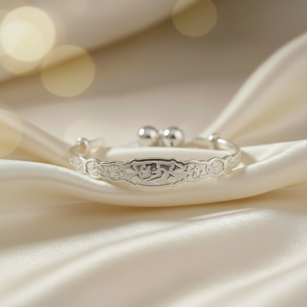 Silver Kids Adjustable Bangle Bracelet With Beads