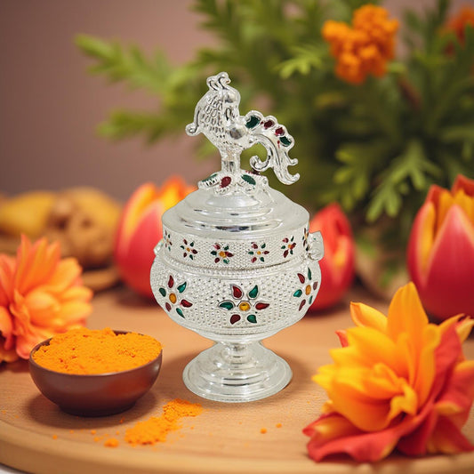 Silver Peacock Floral Enamel Haldi KumKum Box