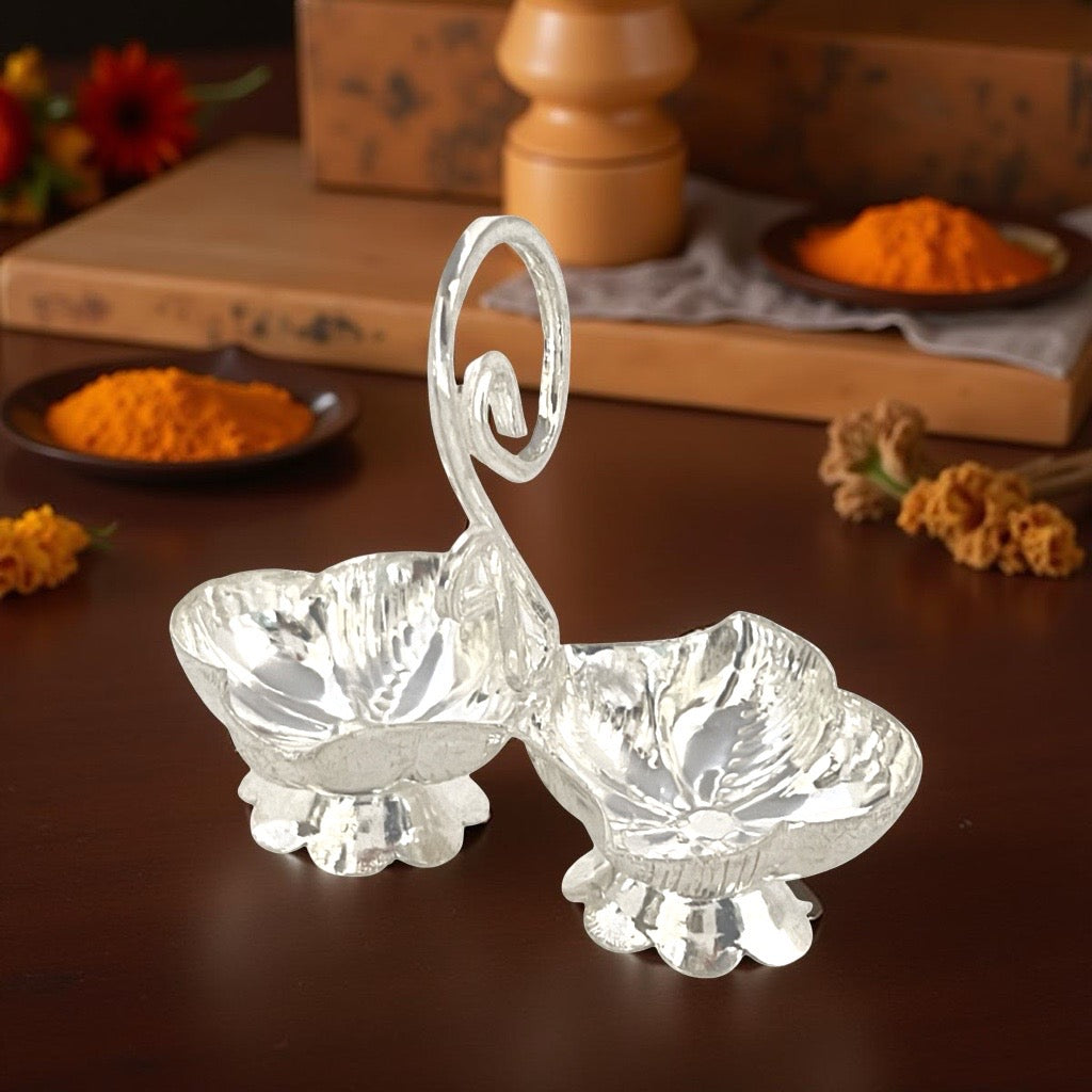 Silver Dual Flower Haldi Kumkum Holder