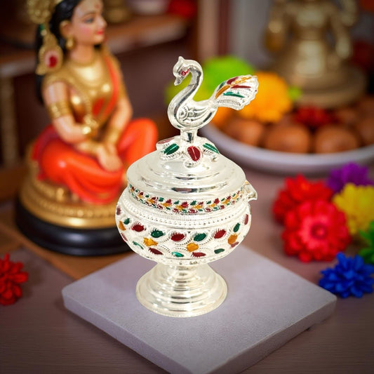 Silver Peacock Enamel KumKum Box