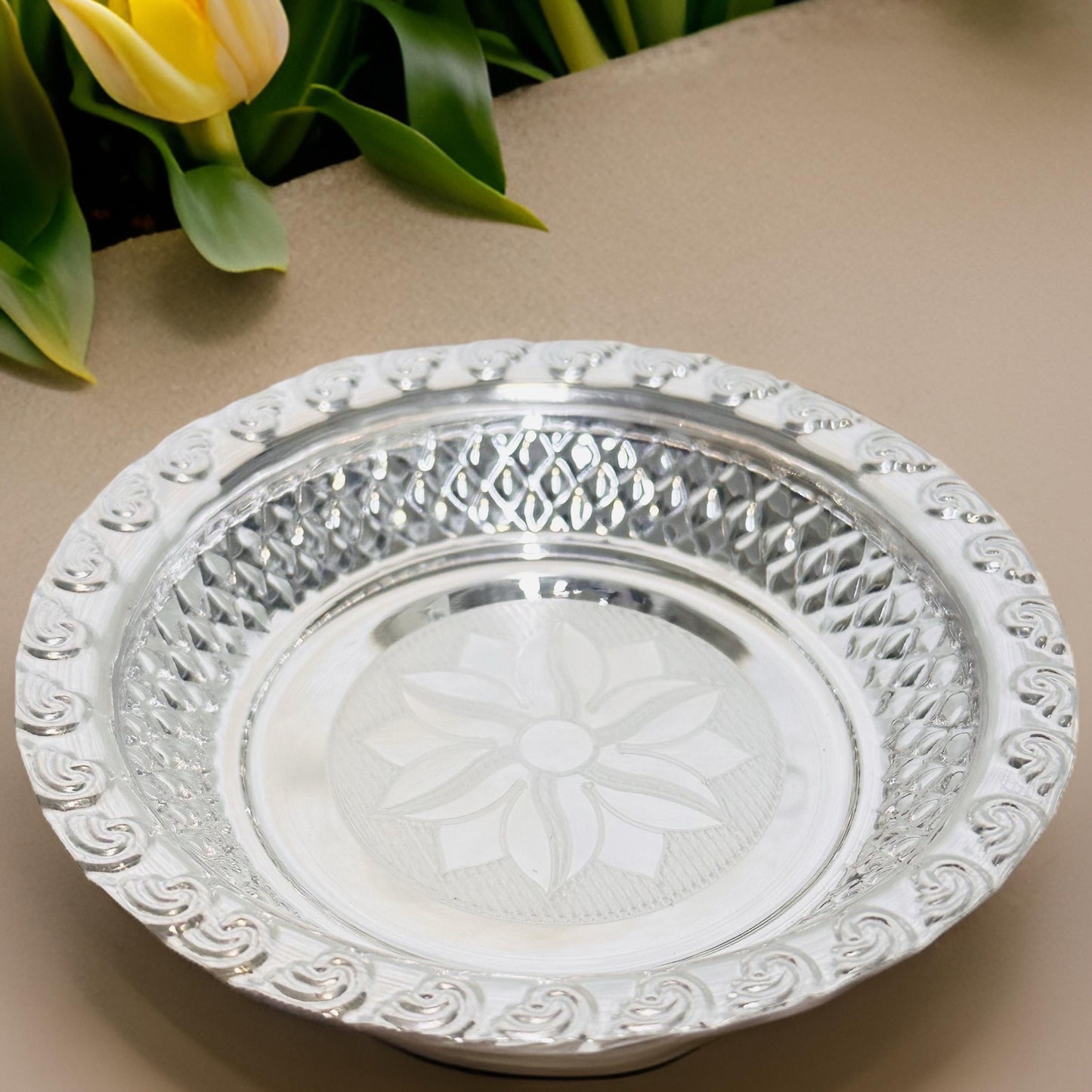 Silver Engraved Pooja Plate 4.3 inches