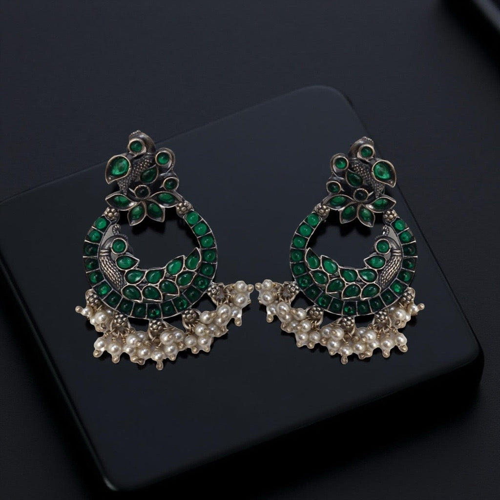 Oxidized 925 Silver Chandbali Pearl Drop Earrings